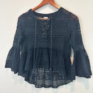 Paper Crane Crochet Crop Top Black Size S V Neck Boho Festival Bell Sleeves